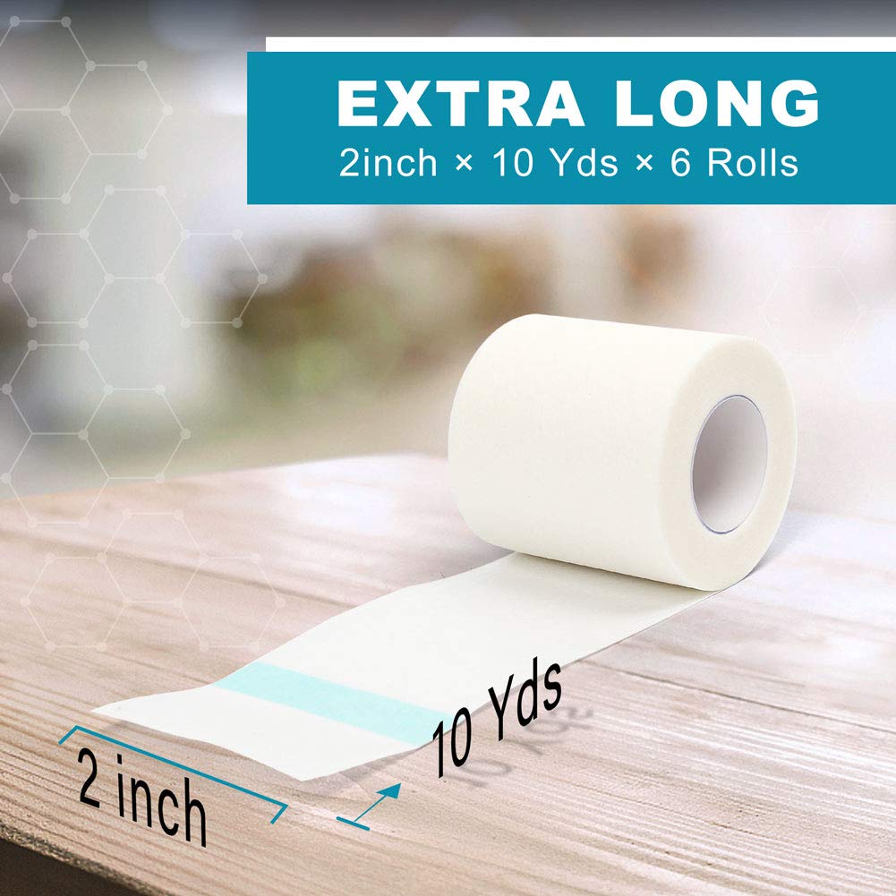 LotFancy Medical Tape, 6Rolls 2inch x 10Yards, Adhesive Hypoallergenic Surgical Paper Tapes, Wound First Aid Tape, 2 Dispensers Included
