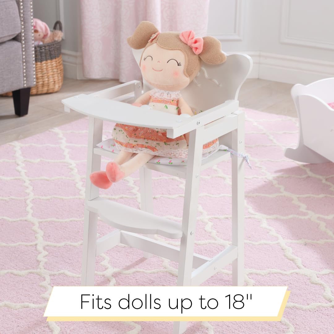 KidKraft Tiffany Bow Scalloped-Edge Wooden Lil Doll High Chair with Seat Pad - White, Gift for Ages 3+