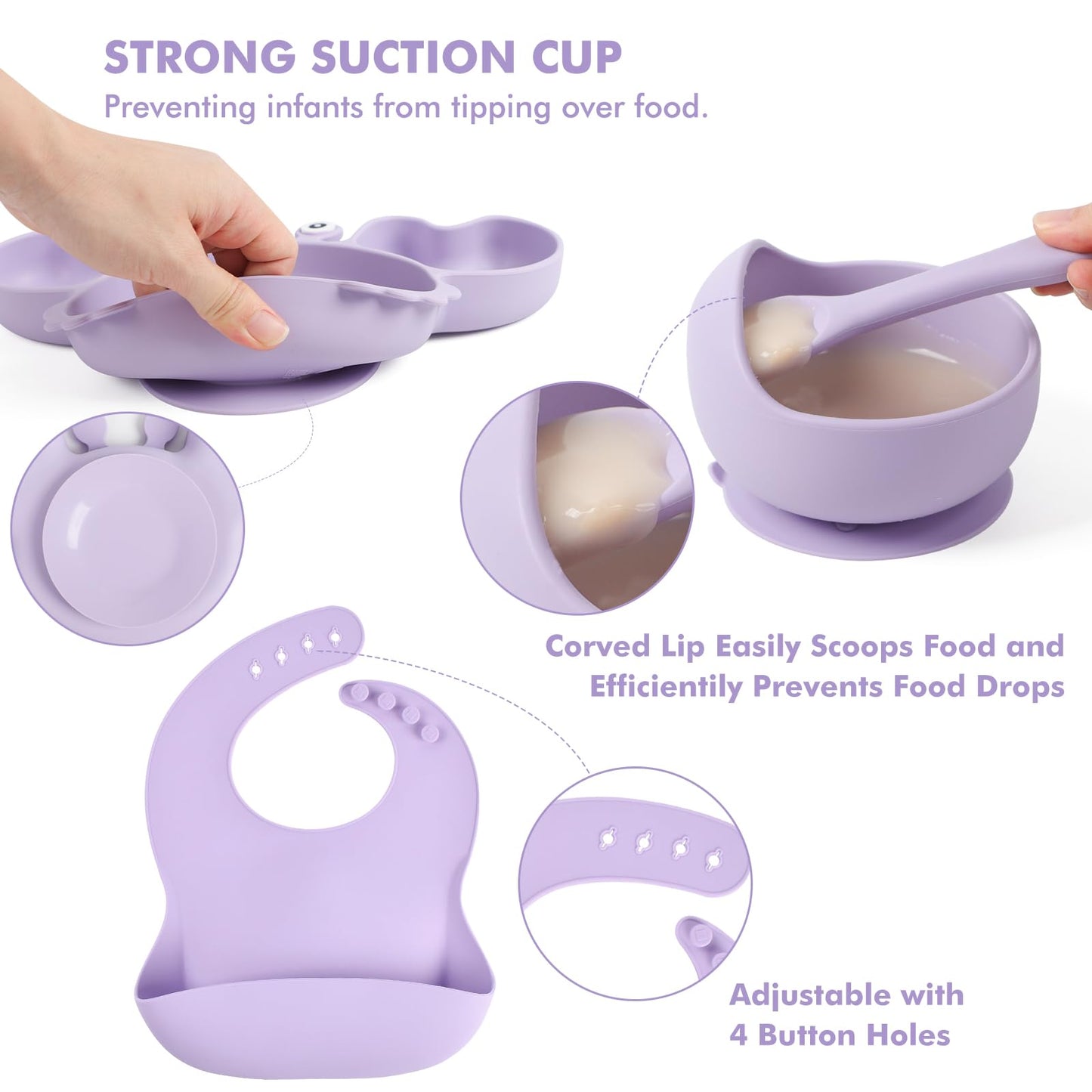 Silicone Baby Feeding Set 15 Pcs，Baby Spoons Suction Bowl Divided Plate Bib Cup Finger Brush Training cups,Baby Led Weaning Supplies,Baby Plates，Toddler Feeding Plates and Bowls Set（purple）