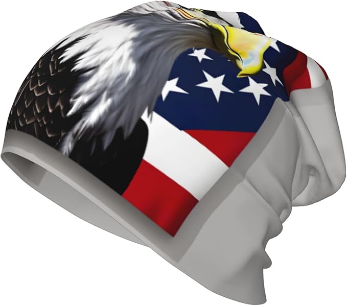 Bald Eagle Flag Print Beanie Hat Soft Thermal Cap Winter Headwear for Cold Indoor Outdoor Activities Black
