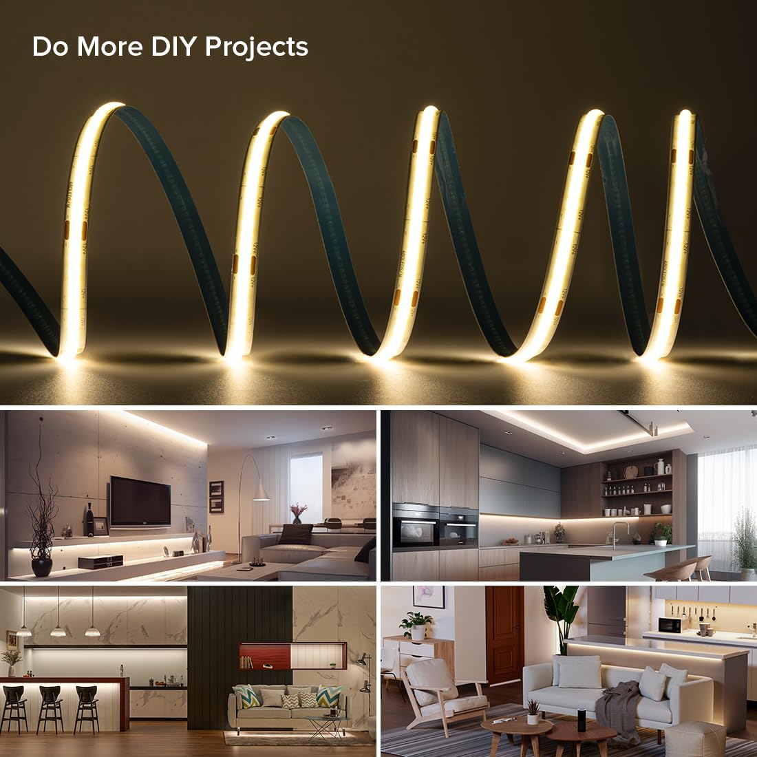 FCOB 16.4FT DC24V COB LED Strip, 480 LEDs/m, Natural White 4000K, Dimmable, High Density for Home Decor