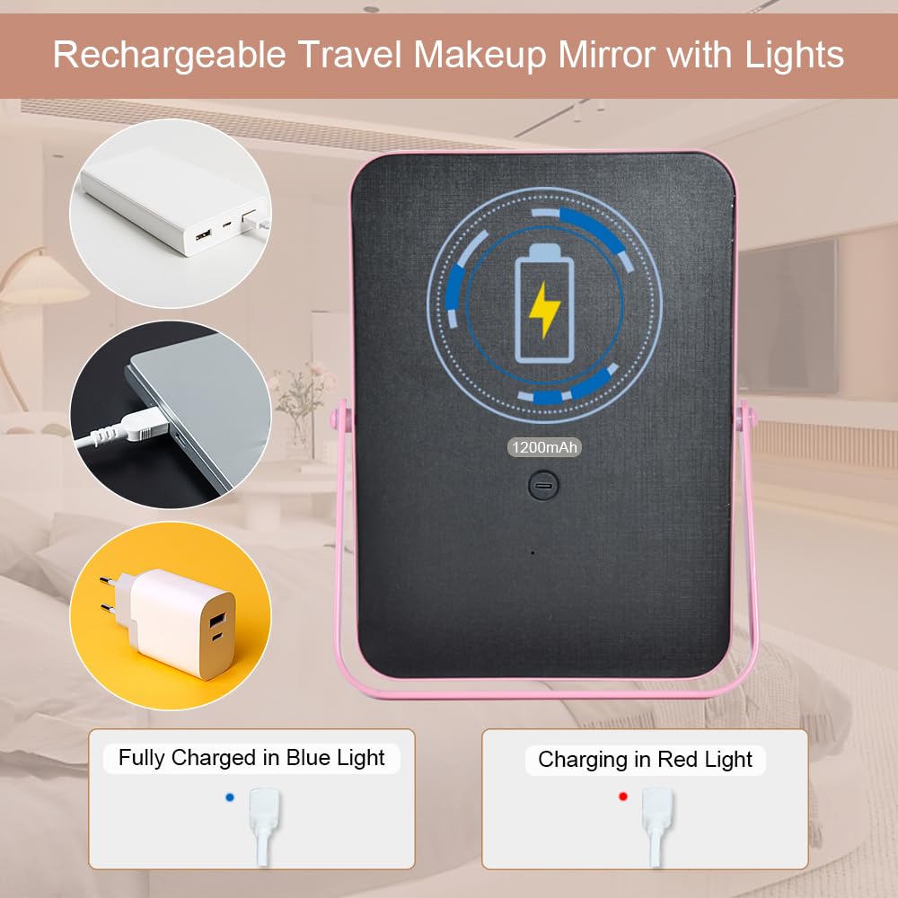 YEKKOPT Pink Rechargeable Vanity Mirror with Lights, 10  7 LED Makeup Mirror with Lights, Smart Touch Control Dimmable 3 Modes L