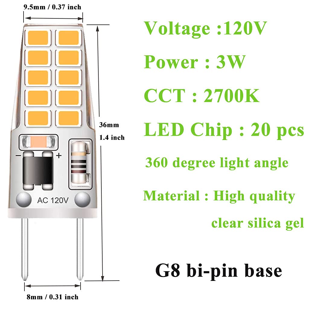 Kapata 5 Pack G8 Led Bulb Soft White 2700K 120V 3W Equivalent To G8 Halogen Bulb 35W T4 Jcd Type Gy8.6 Bi-Pin Base  Non-Dimmable For Under Cabinet Light  Under Counter Kitchen Lighting