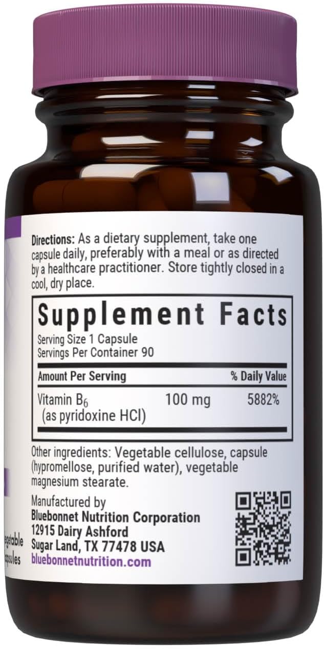 BlueBonnet Nutrition Vitamin B6 Vegetable Capsules, 100 mg, for Cardiovascular and Nervous System Health, 90 Count