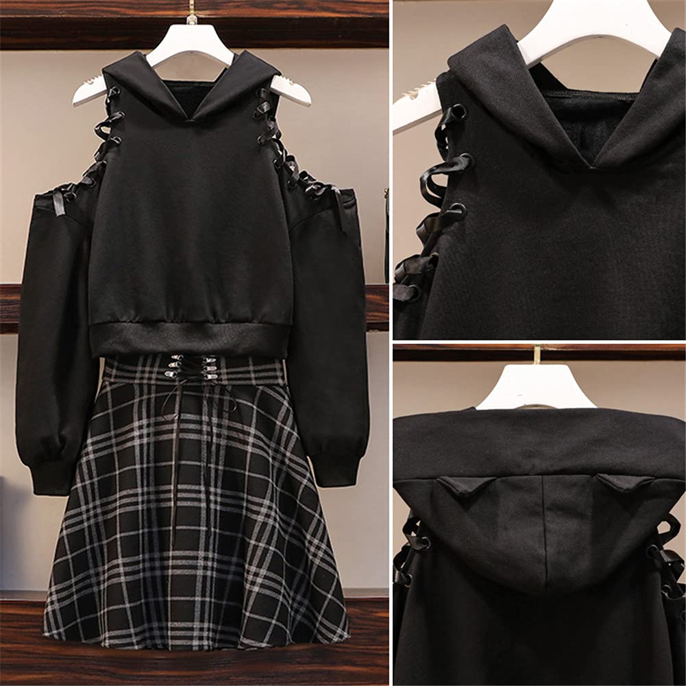 YANOOLH Women Cat Ear Hoodies Long Sleeve Off Shoulder Cute Crop Top Pullover Hoodie Sweatshirt Black M
