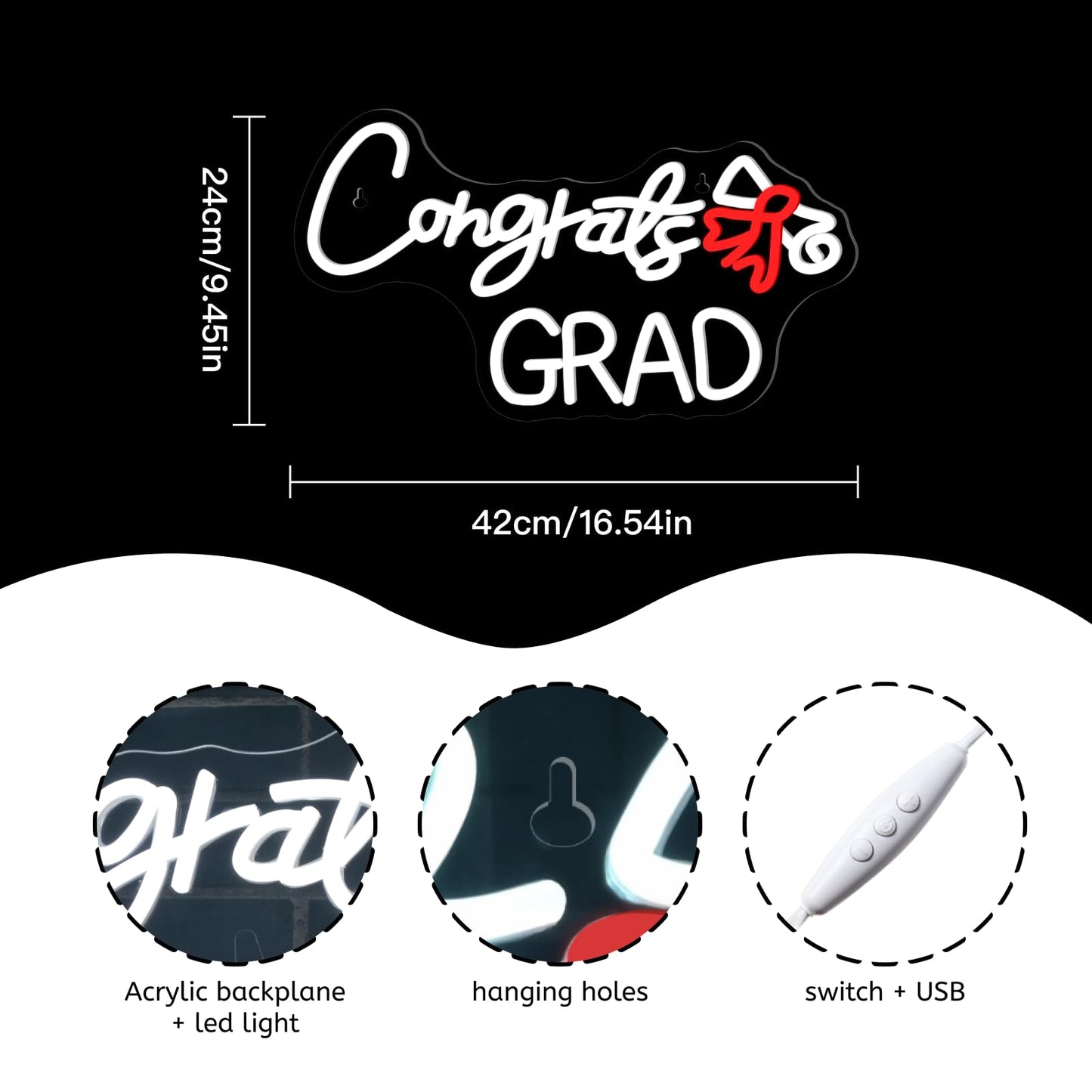 Wlhope Congrats Grad Neon Sign With Scroll Graduation Decorations 2025 White Red Led Lights For Party College High School Class Graduation Gifts
