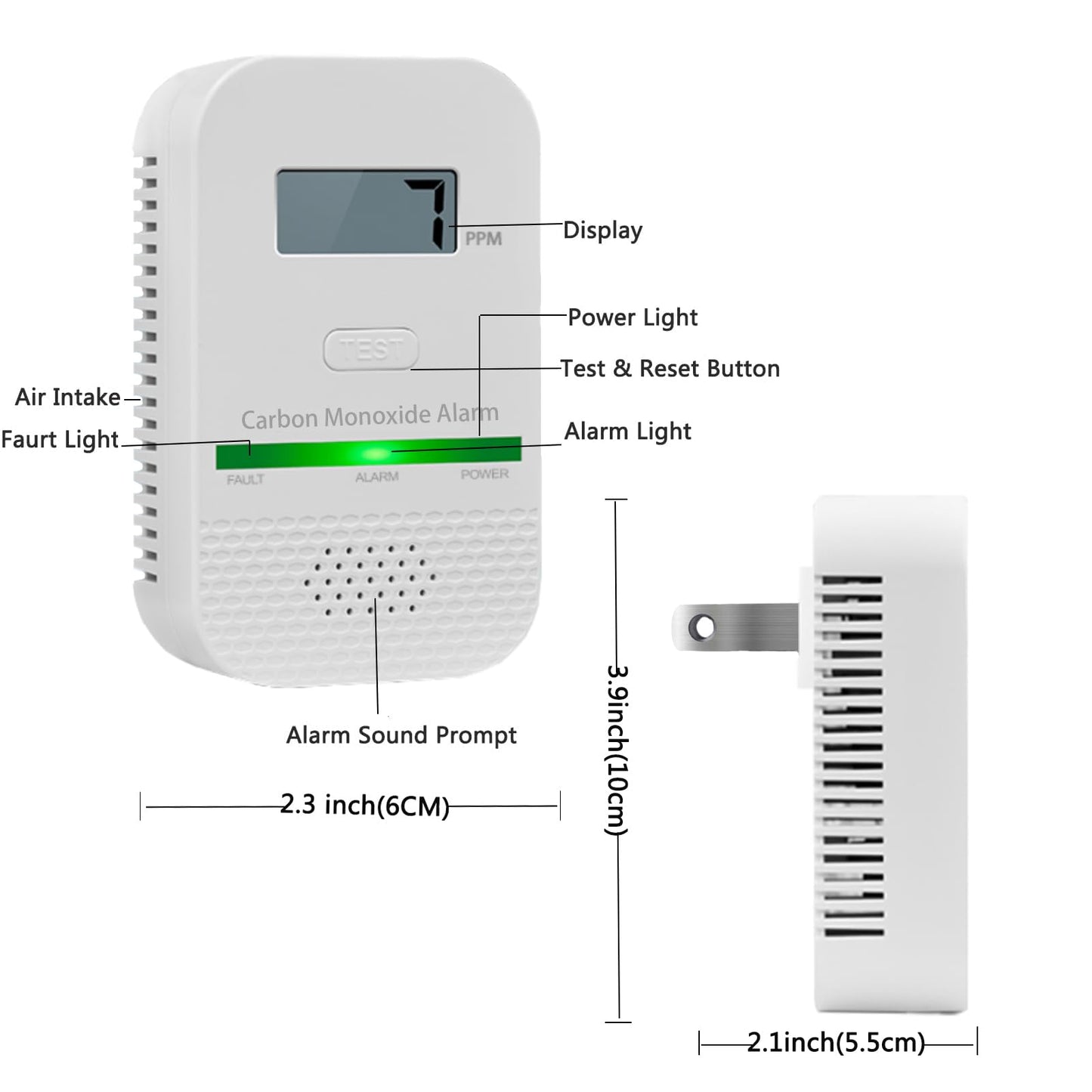 Carbon Monoxide Detectors Plug in Wall,CO Gas Monitor Alarm Detector,Portable Carbon Monoxide Alarm with Digital Display Sound & Light Warning for Home/Travel with 1-Pc Led Light Blocking Stickers