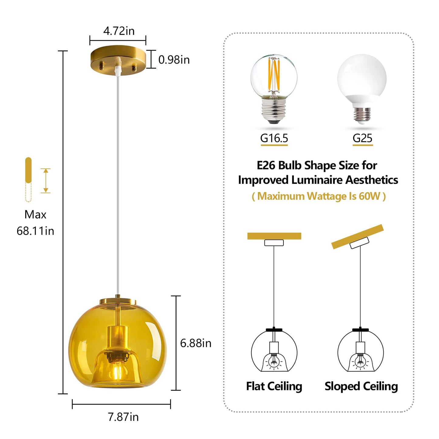 Lbsqj Yellow Glass Pendant Lights Kitchen Island Gold Hanging Light Fixture Glass Globe Pendant Light Modern Pendant Lighting For Kitchen Island Bedroom Dining Room (7.87  2 Pack)