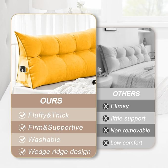 Large Triangular Headboard Pillows Long Backrest Positioning Support Bolster Cushion for Daybed Fluffy Quality Plush Body Wedge Pillow with Removable Cover(Light yellow-Twin/Twin XL-39x8x20 in)
