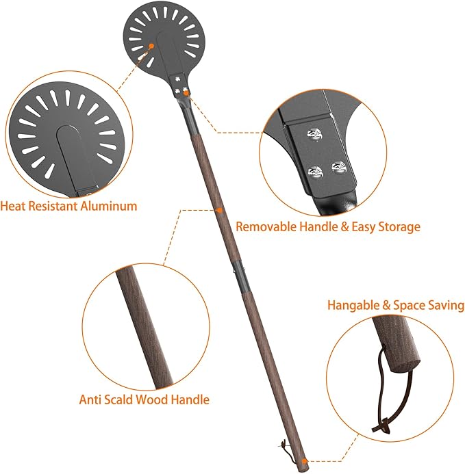 Mimiuo 8 Inch Metal Pizza Turning Peel with 48 Inch Long Wooden Handle, Aluminum Pizza Paddle for Oven and Grill, Outdoor Pizza Oven Accessories