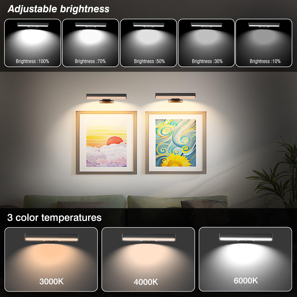 6Pack Wireless Picture Light For Wall Battery Operated Wall Sconces With Remote 3 Lighting Led discomfort-reducingting Light Timer&Dimmable Art Display Lights For Picture Gallery Posters Living Room Home Decor