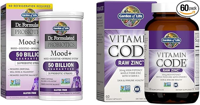 Garden of Life Dr. Formulated Probiotics Mood+ Acidophilus Probiotic Supplement & Zinc Supplements 30mg High Potency Raw Zinc and Vitamin C Multimineral Supplement
