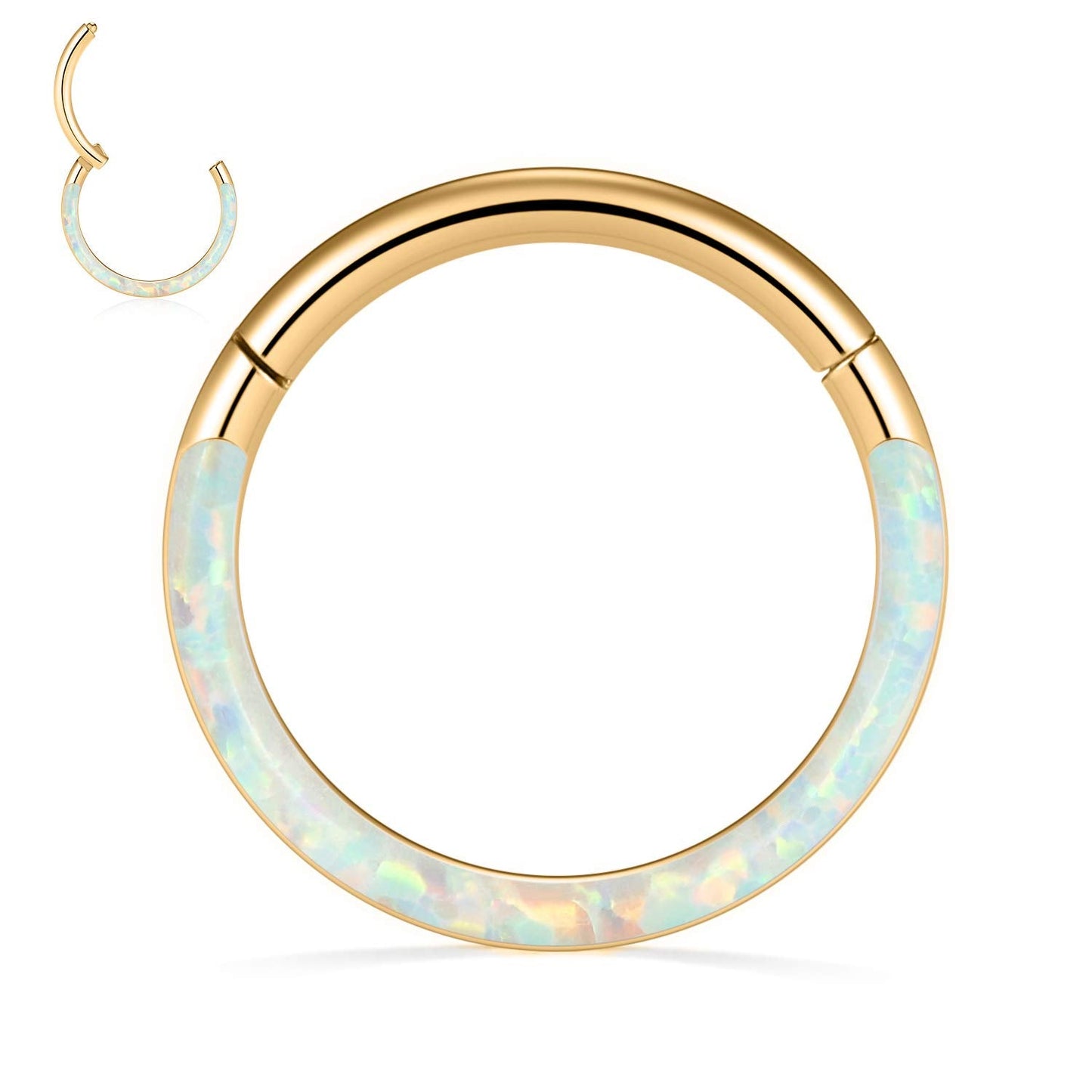 FUNLMO 16G Septum Ring 8mm Daith Earrings Clicker Nose Rings Helix Conch Piercing Jewelry Surgical Steel White Opal Inlaid Gold