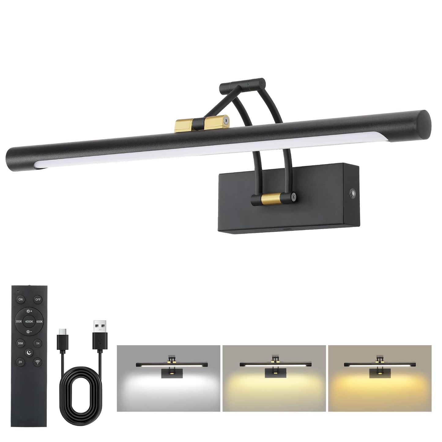 Neymlya 16in Wireless Picture Light, Remote Dimmable, Battery Operated, Metal, Black Gold, Model 16IN-BB02