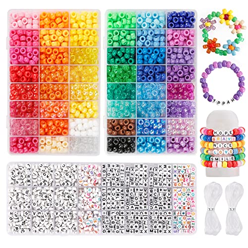 Quefe 3960pcs Pony Beads for Friendship Bracelet Making Kit 48 Colors Kandi Beads Set, 2400pcs Plastic Rainbow Bulk and 15...