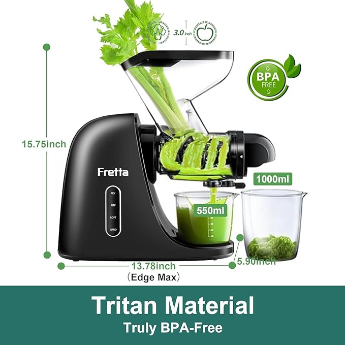 Fretta Juicer Machines, Cold Press Juicer, BPA Free Masticating Juicer Machines Vegetable and Fruit, 3-Inch Wide Feeding Chute, Easy to Clean,Quiet and Strong DC Power, 200W(Black)