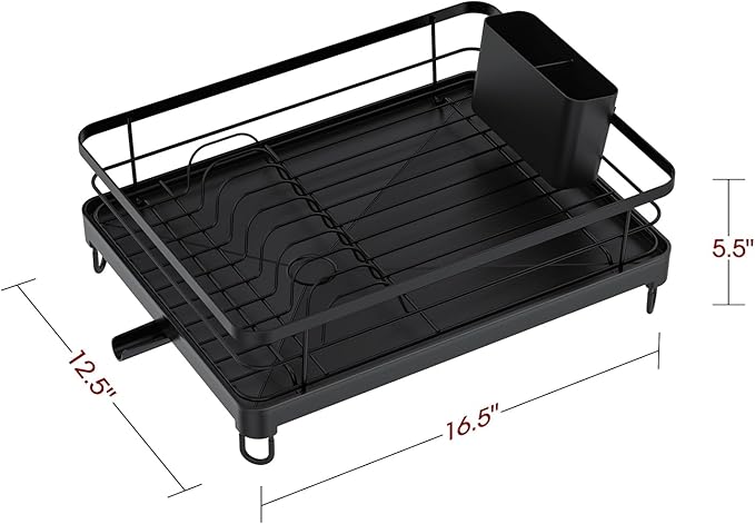 Stainless Steel Dish Drying Rack for Kitchen Counter, Sink Organization and Storage Essentials with Silverware & Utensil Holder, Home and Apartment Decor, 12.5''W x 16.5'L, Black