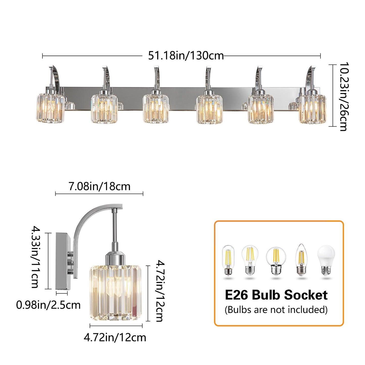 Fdpby 6-Light Crystal Vanity Light  Chrome Modern Wall Sconce With K9 Crystal Shades  51.18 Long Over Mirror Lighting For Bathroom  Makeup  Hallway  Elegant & Easy Install