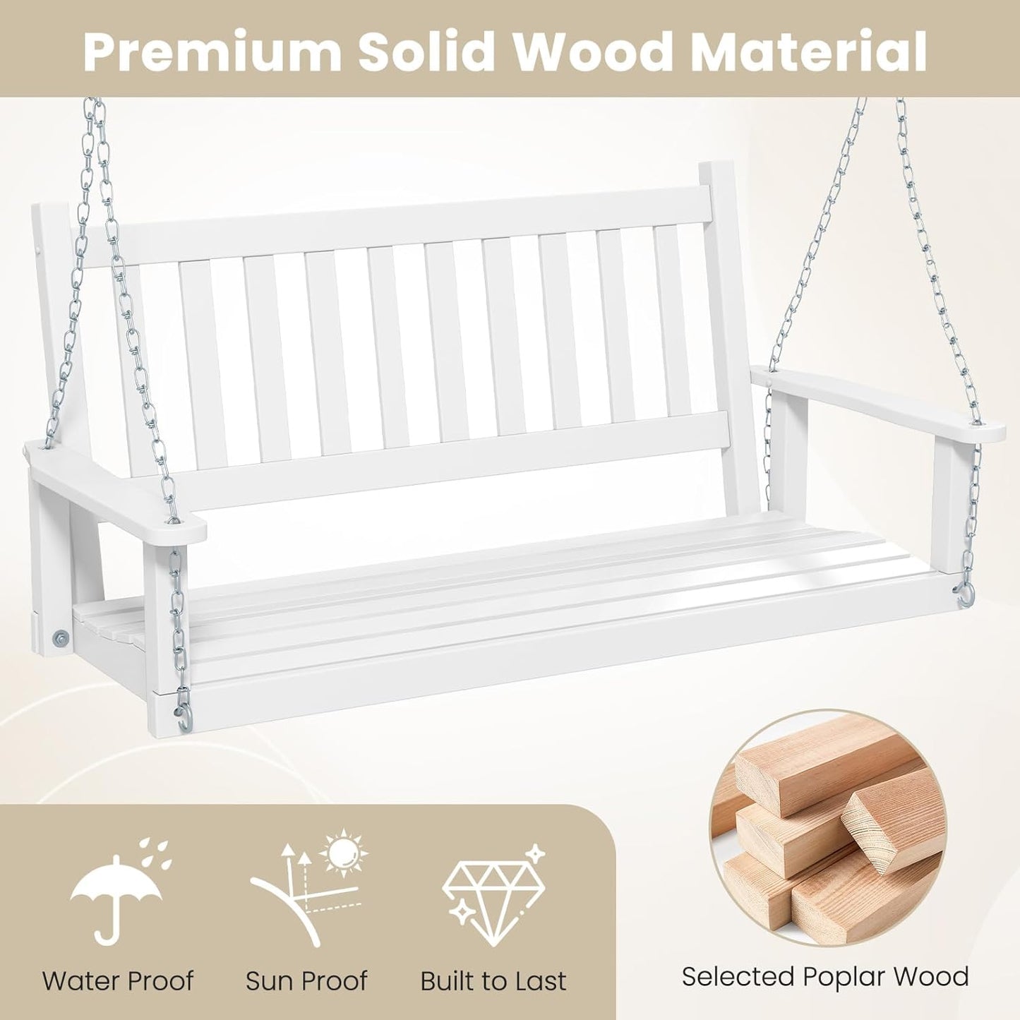 HAPPYGRILL Wooden Outdoor Porch Swing for 2, Patio Hanging Bench Chair with 500 LBS Weight Capacity, 5.6 FT Adjustable Upper Chains, Slatted Back, Swing Bench for Garden, Backyard