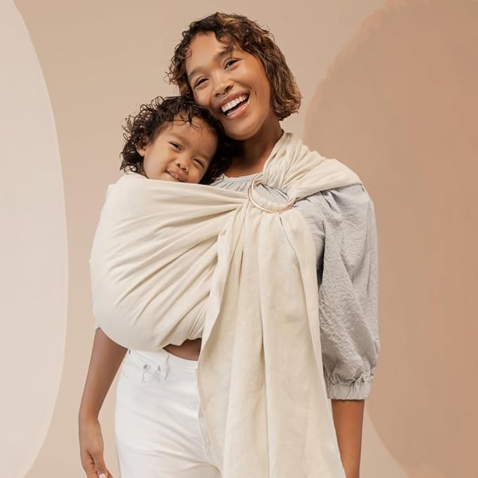 WildBird - Ring Sling Baby Carrier - Newborn to Up to 35 lbs - for Moms, Dads & Caregivers - 100% Natural EuropeanLinen Fibers - Versatile & Adjustable - 74” Size - Sparrow Fabric & Rose Gold Ring