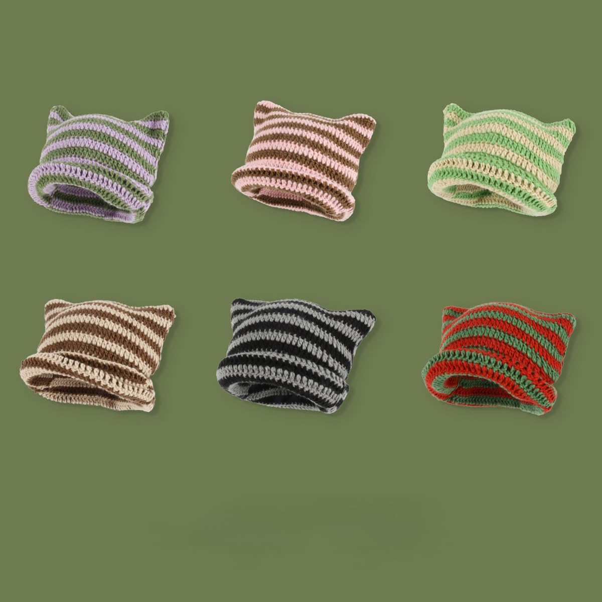 Women Girls Boys Teens Cute CAT Kitty Ears Hats, Winter Warm Knitted Stripe Grunge Accessories Slouchy Headgear