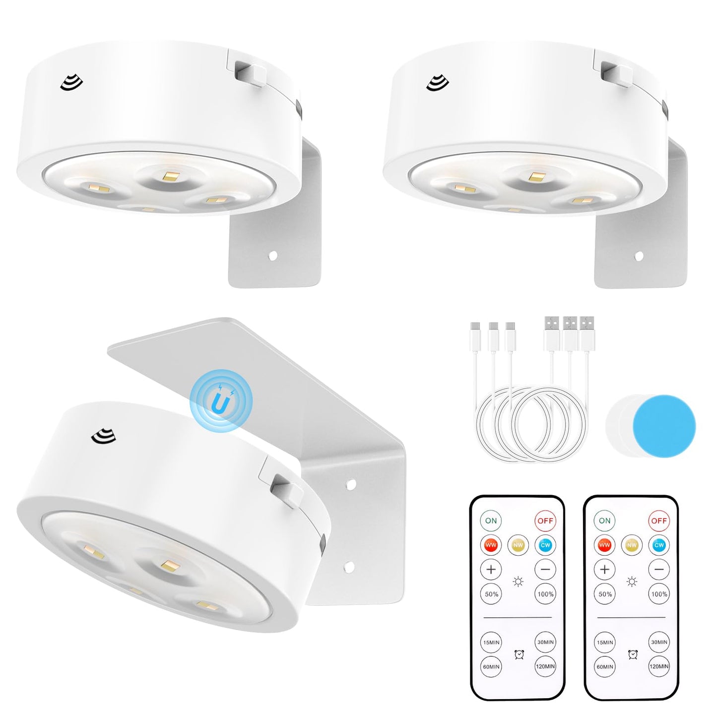 Narotood 3 Pack Picture Lights, Wireless Magnetic Wall Lights, Rechargeable Battery Operated, 3 Lighting Modes, White