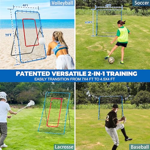 JOLORLY 2-in-1 Volleyball Rebounder Net System, Adjustable from 7x4 ft to 4x4.5 ft, 4-Angle Bounce Back Net, Training Equi...