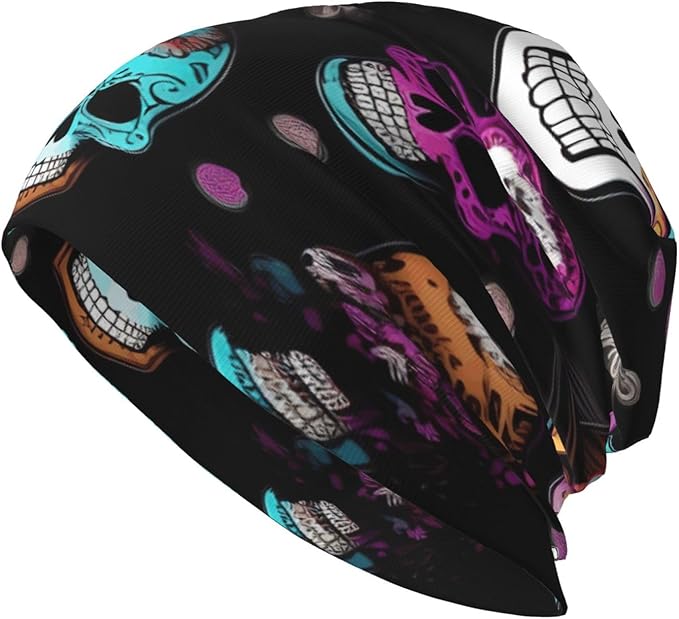 Sugar and Skulls Style Print Soft Beanie Hat for Men Women Warm Fashion Cap for Jogging Cycling Gift Outdoor Use Black