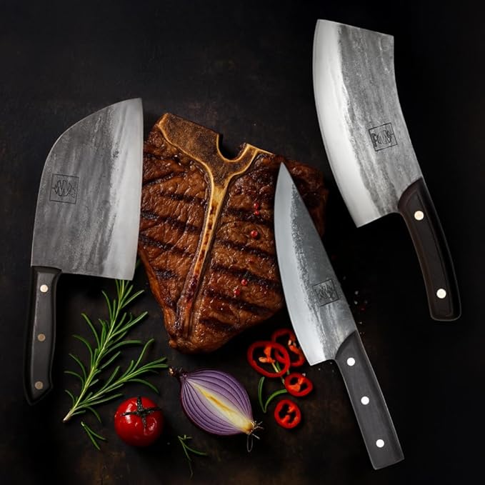 3-Piece Hand-Forged Carbon Steel Kitchen, BBQ Knives – Full Tang Cleaver, Butcher and Cooking Knives