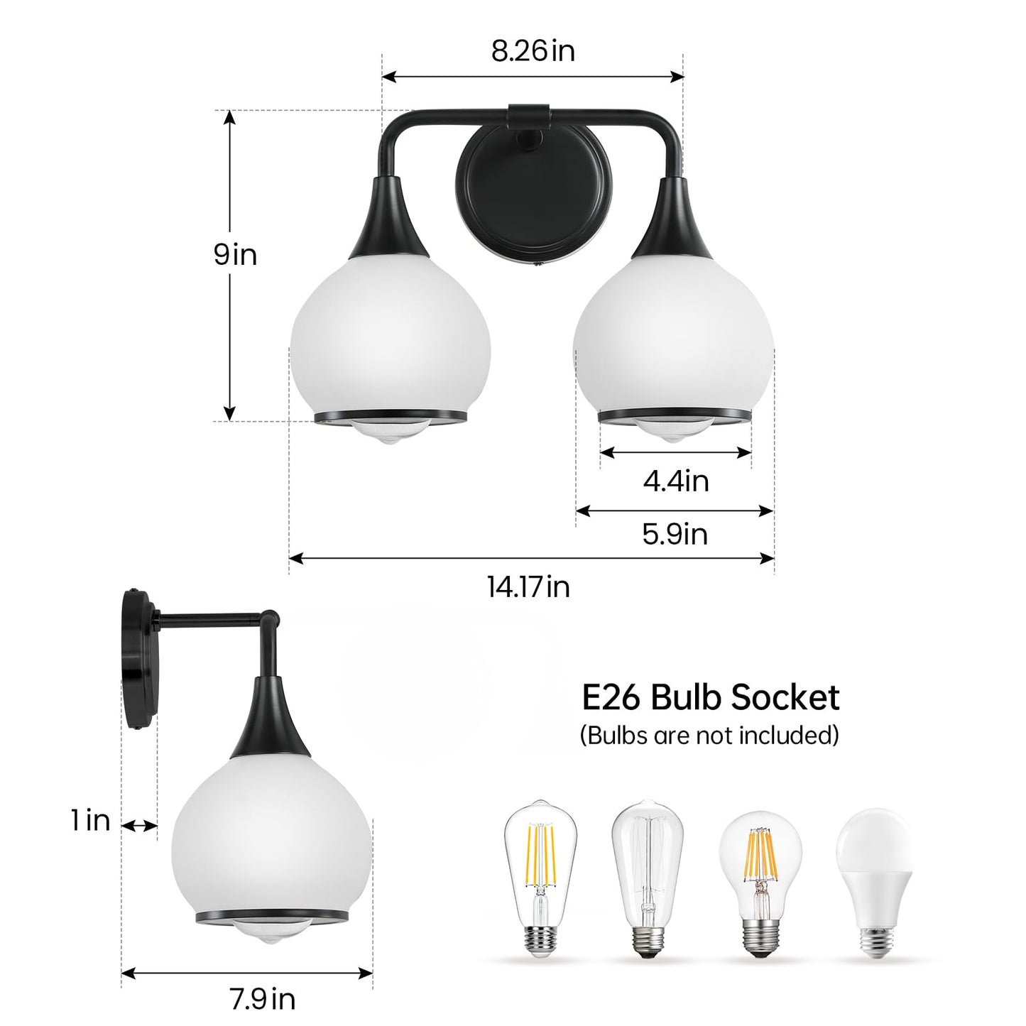 Hahzt 2 Light Black Bathroom Vanity Light Fixtures With Milky White Frosted Glass Shade, Model 8033Ml, Wall Sconce Lighting