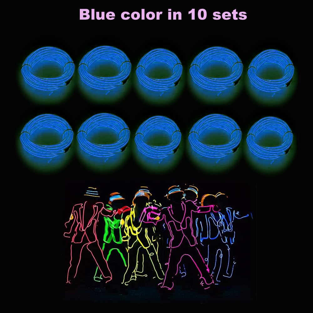 Maxlax El Wire Blue 10-Pack  16.4Ft/5M Neon Light Wire With Noise Reduction And Battery Pack