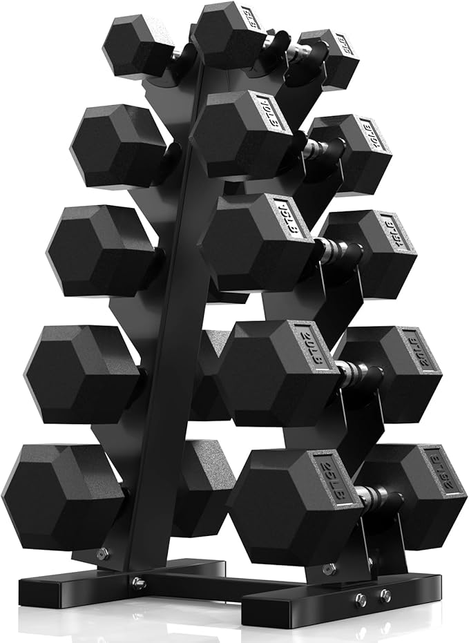 PAPABABE Hex Dumbbell Sets with Rack, 60-550lb Rubber Coated Dumbbell Weight Set and Storage Rack, Multiple Options Hand W...