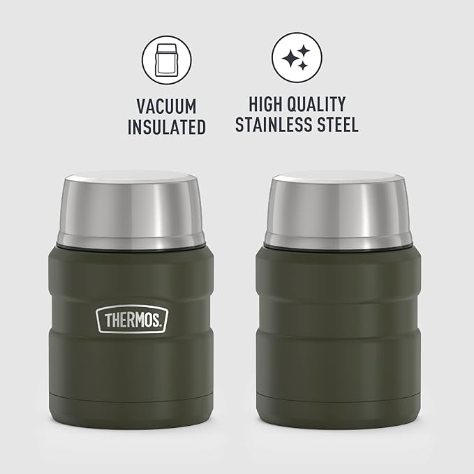 THERMOS Stainless King Vacuum-Insulated Food Jar with Spoon, 16 Ounce, Army Green (Pack of 4)