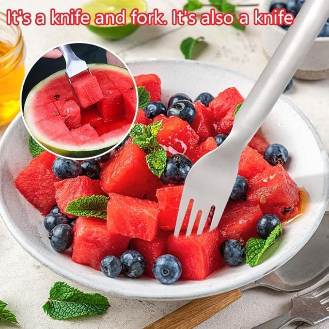 Kruggo Upgraded 2-in-1 Stainless Steel Fruit Cutter, Watermelon Fork Slicer, Dual Head Fruit Forks Slicer Knife for Home Kitchen Gadget
