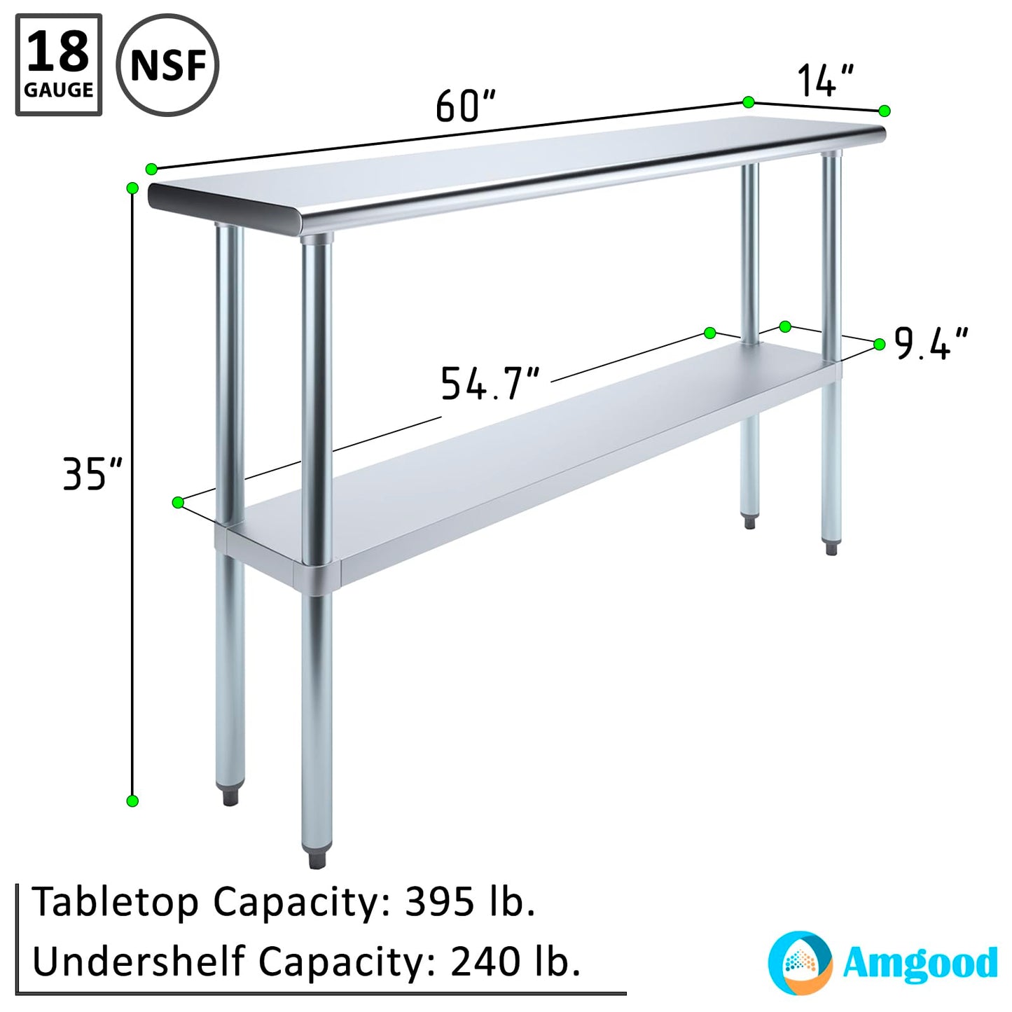 AmGood 14 in. x 60 in. Stainless Steel Work Table | Metal Kitchen Food Prep Table | NSF