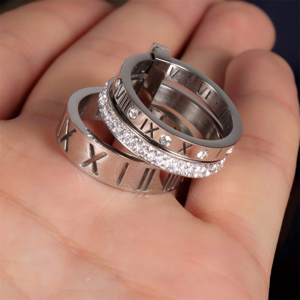 Jarlinwel Stainless Steel CZ Zirconia Roman Numeral Ring For Women Stacking Thumb 3 in 1 Spinner Rings (Silver, 11 Runs small)
