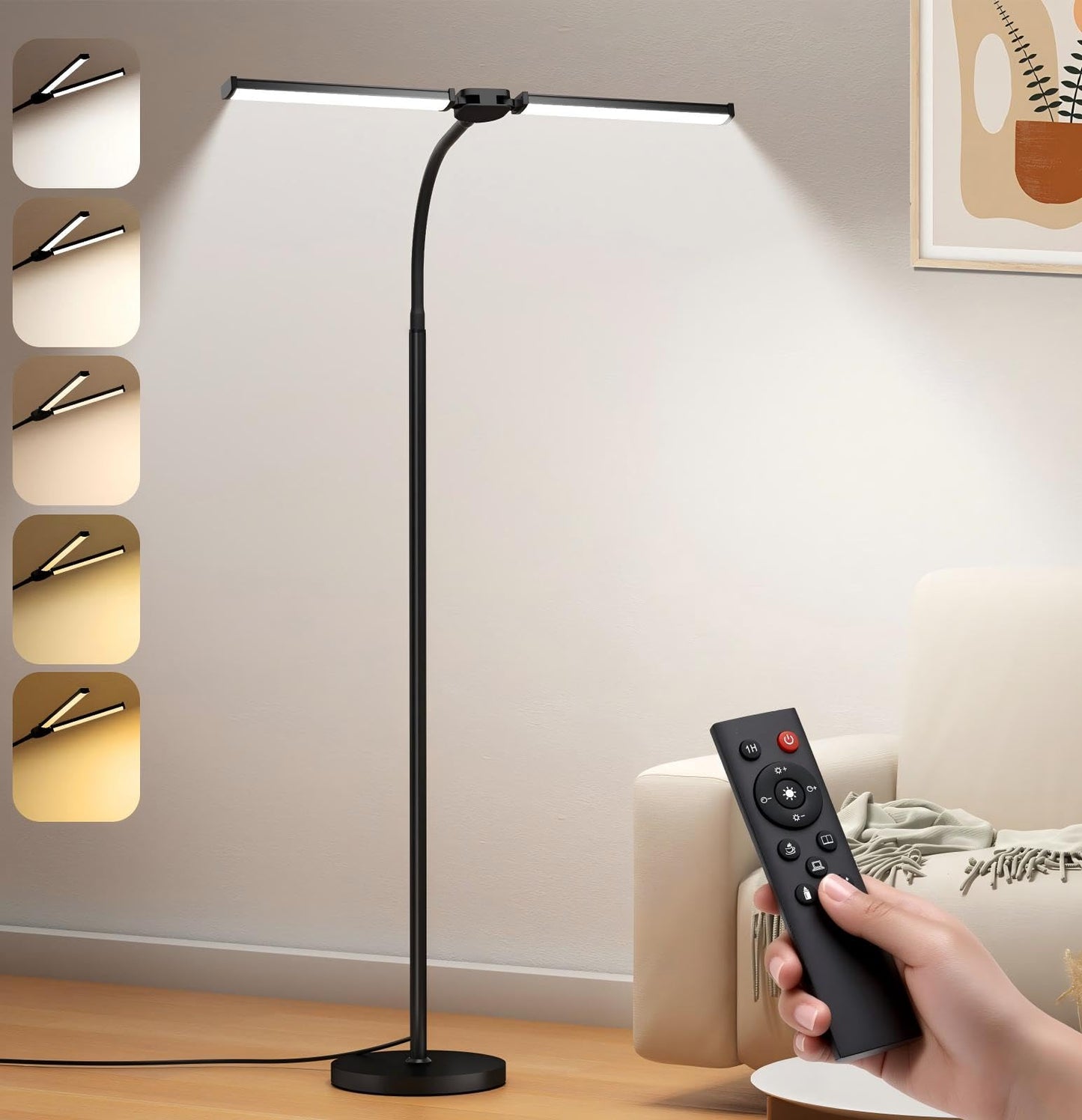 VrimNowit LED Floor Lamp - Adjustable Color Temperatures & Brightness, Dual Head Gooseneck, Remote Control, Black, Model V-FL-ST06