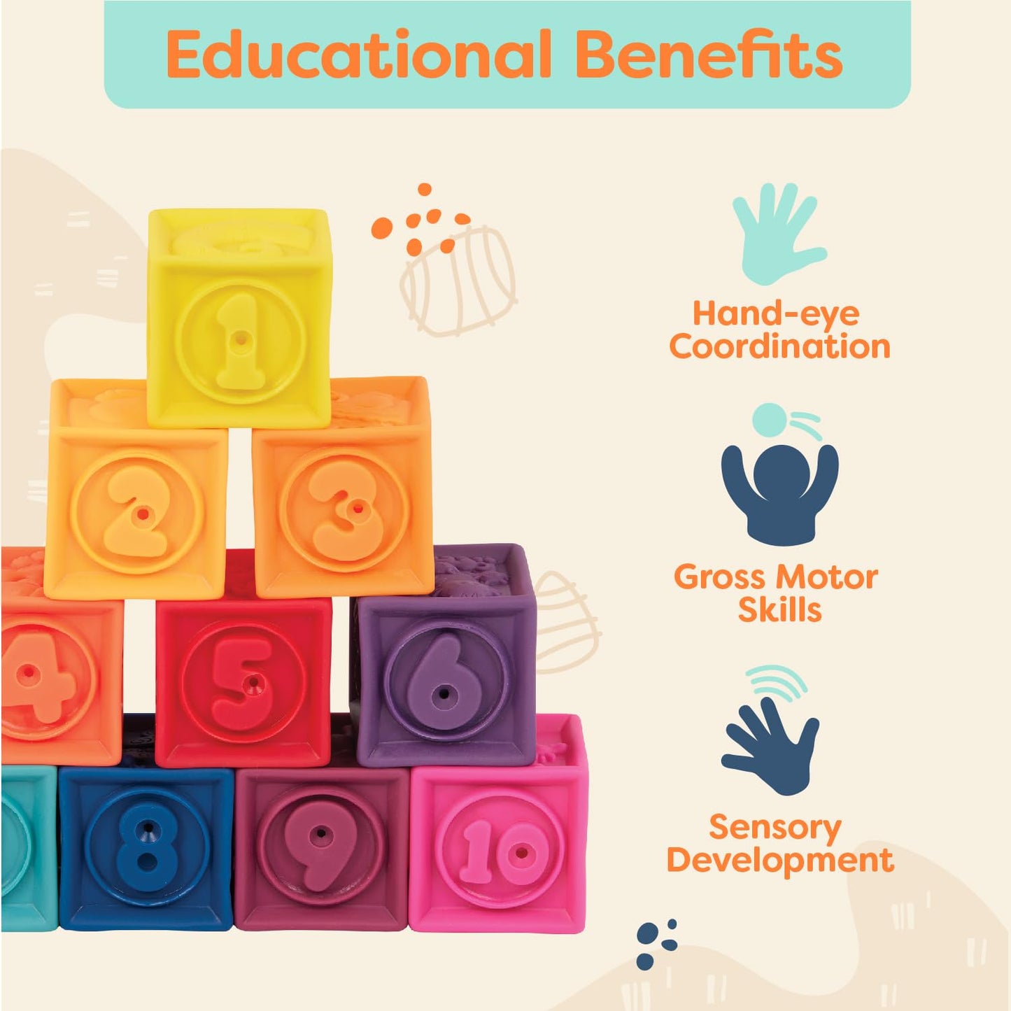 B. toys – Baby Blocks – Stacking & Building Toys For Babies – 10 Soft & Educational Blocks – Numbers, Shapes, Colors, Animals – One Two Squeeze – 6+ Months