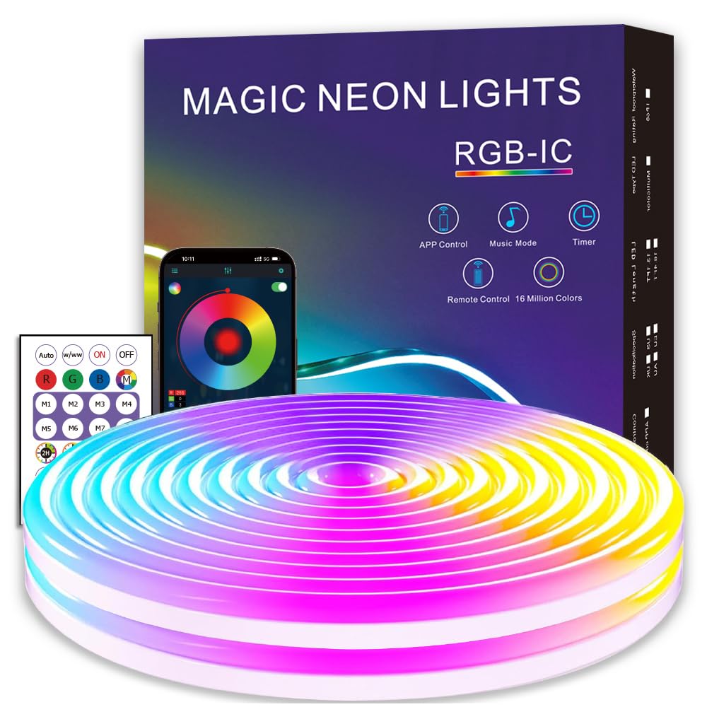 EcoMyLife 16.4ft LED Neon Rope Lights, RGB, IP68 Waterproof, Dimmable, Flexible Strip Light for Indoor/Outdoor Decor