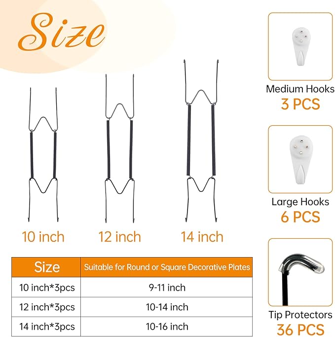 Bilillo 9-Piece Stainless Steel Wall Plate Hangers, 10/12/14 Inch Invisible Decorative Wire Plate Holders with 9 Pieces Wall Hooks for 8 to 16 Inch (Black)
