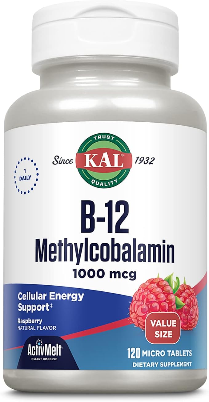 KAL Vitamin B12 Methylcobalamin 1000mcg, Healthy Energy, Metabolism, Nerve and Red Blood Cell Support, Fast Dissolve ActivMelt, High Absorption, Vegetarian, Natural Raspberry, 120 Serv, 120 Micro Tabs