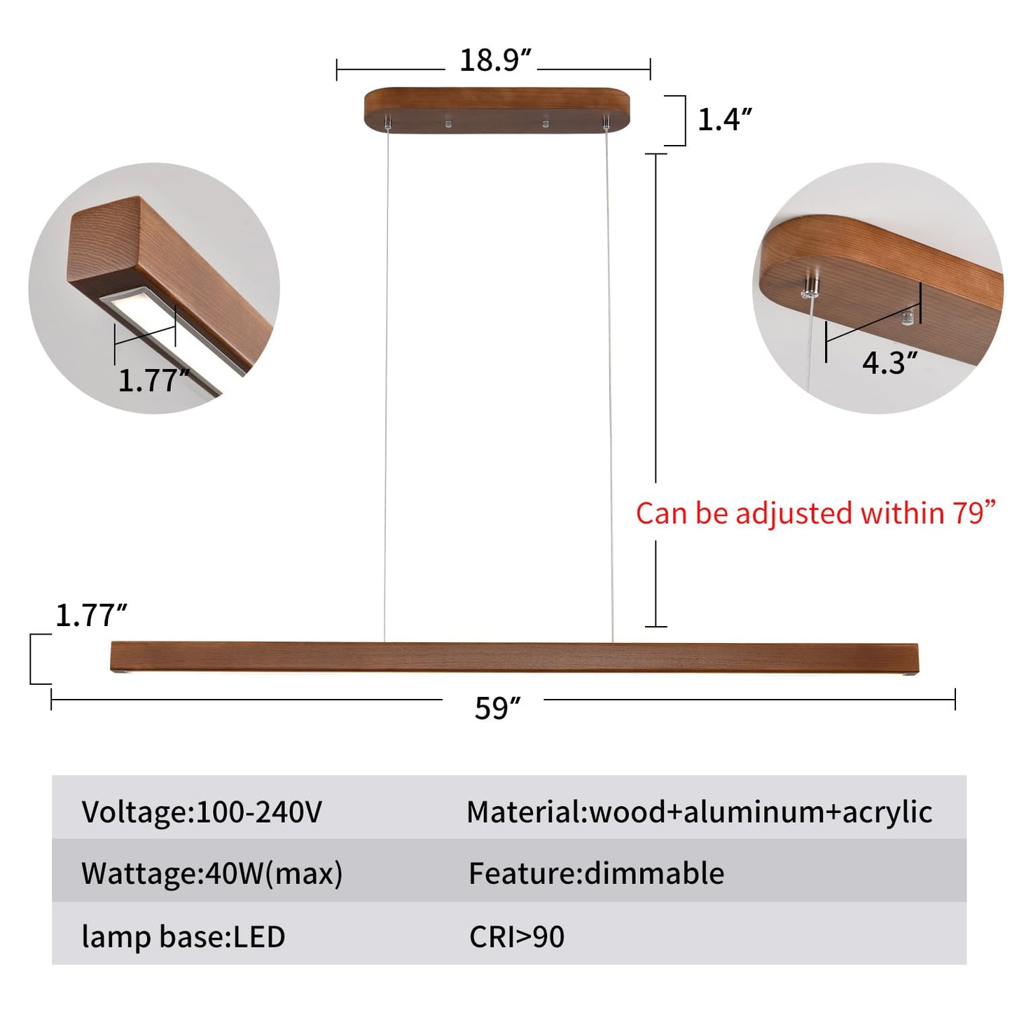 Yisdesign 59 Wood Linear Pendant Light Fixtures Modern Led 40W Dimmable Pendant Lighting Kitchen Island Lighting Ceiling Hanging Farmhouse Chandeliers For Dining Room Pool Table Walnut Color