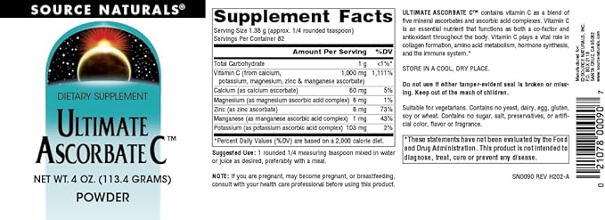 Source Naturals Ultimate Ascorbate C Powder - Vitamin C - Supports Immune System* - 1000 mg, 4 oz