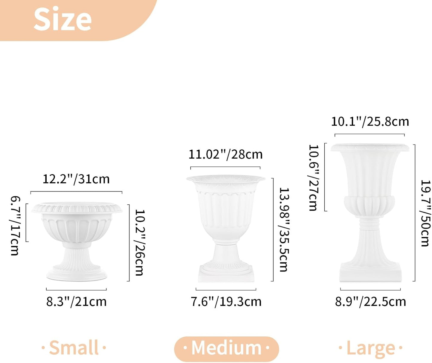 NUPTIO 6 Pcs Classic Urn Planter, 13.98 inch Tall Large Plastic Outdoor Urns Planters, Pedestal Flower vases Plant Pot, Resin Grecian Plants Pots for Garden Porch Front Door, White