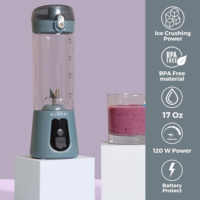 BLENDi Pro+ Portable Blender (New 2025 Model, 17.5oz, Gray) – Upgraded Ice Crushing 120W Motor, USB-C Rechargeable, Cordless Personal Blender for Smoothies & Shakes – BPA-Free,Travel-Friendly