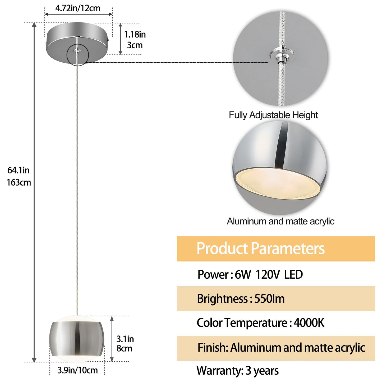 Adcthome Modern Led Dimmable Pendant Light Fixtures Mini Island Pendant Lighting For Kitchen Island Dinning Room Bedroom Bar  Kitchen Island Ceiling Hanging Light Fixtures(Chrome-1-Pack)