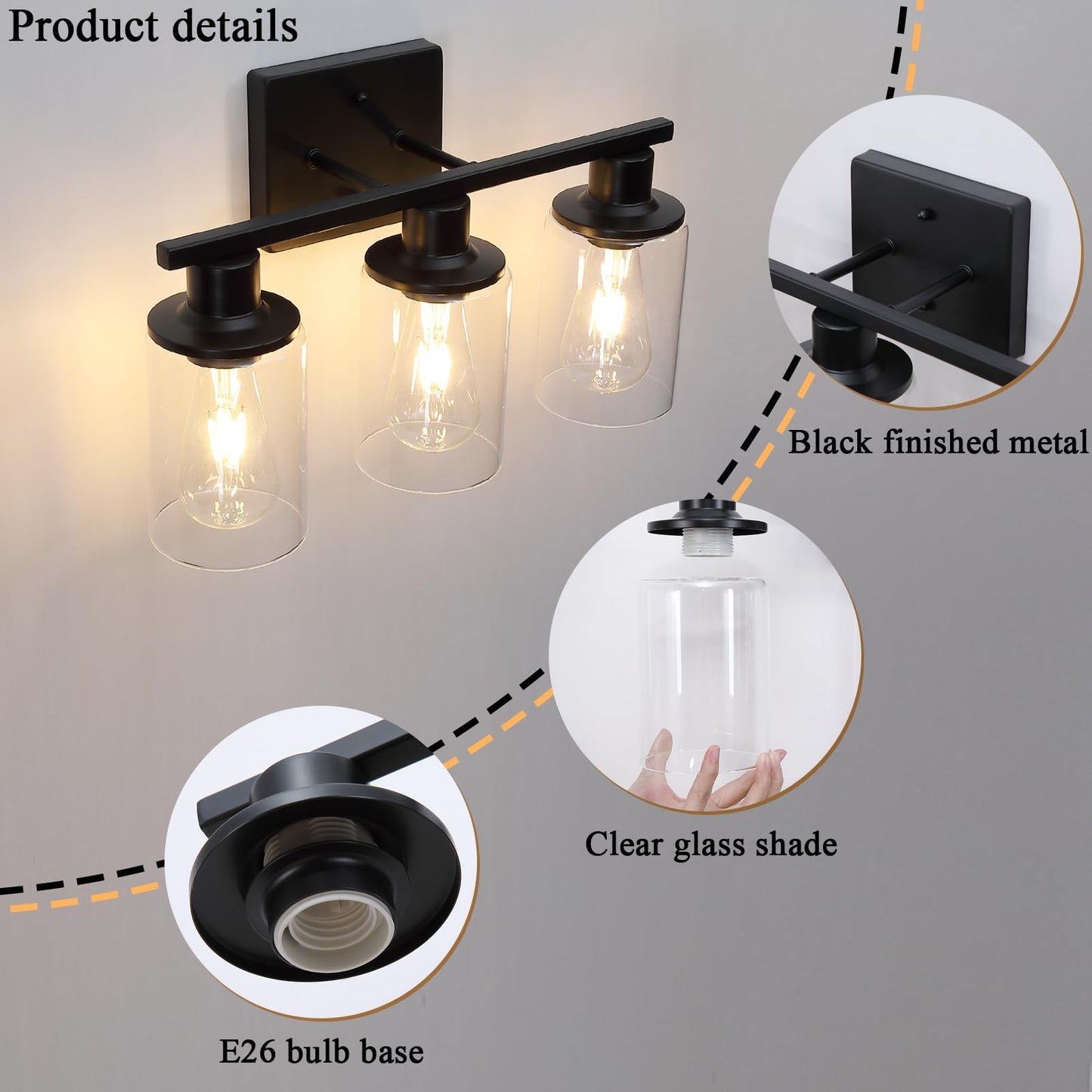 Matte Black Bathroom Light Fixtures Over Mirror 3-Light Bathroom Vanity Light With Clear Glass Shade Modern Farmhouse Wall Sconces Lighting For Mirror Kitchen Living Room Cabinet
