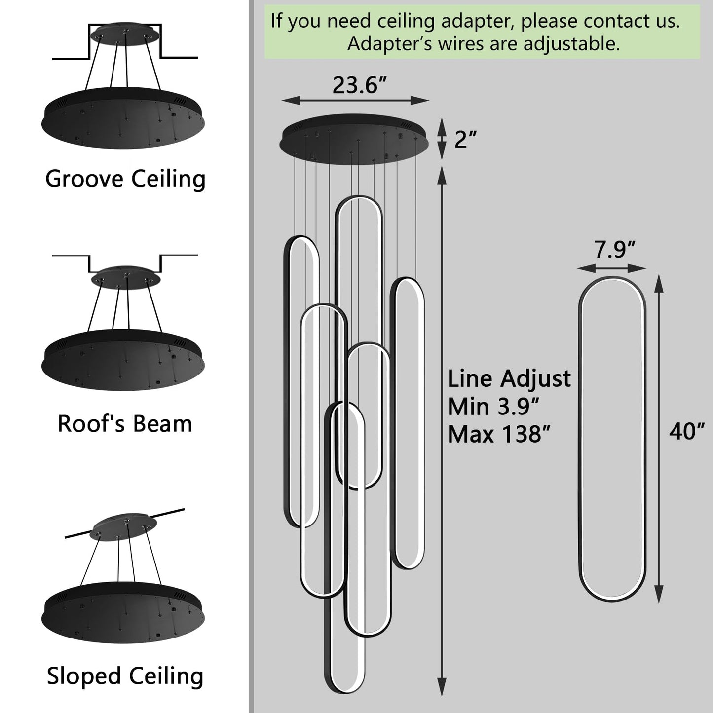 dolria 6-Rings Modern Chandelier, LED Flush Mount Light, Dimmable, Black, 40in x 7.9in x 138in, Model PC1013-6
