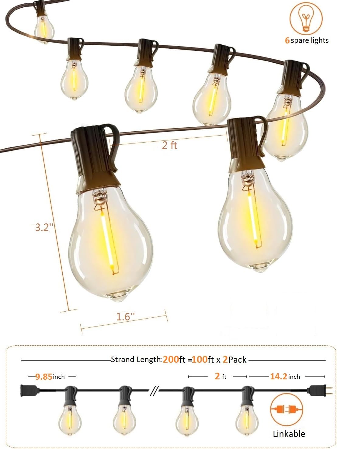 Meidaoduo 200 FT Outdoor String Lights, Waterproof A39 Shatterproof Warm Lights for Patio, 2200K, Model US200100-TX20B0-A39R122
