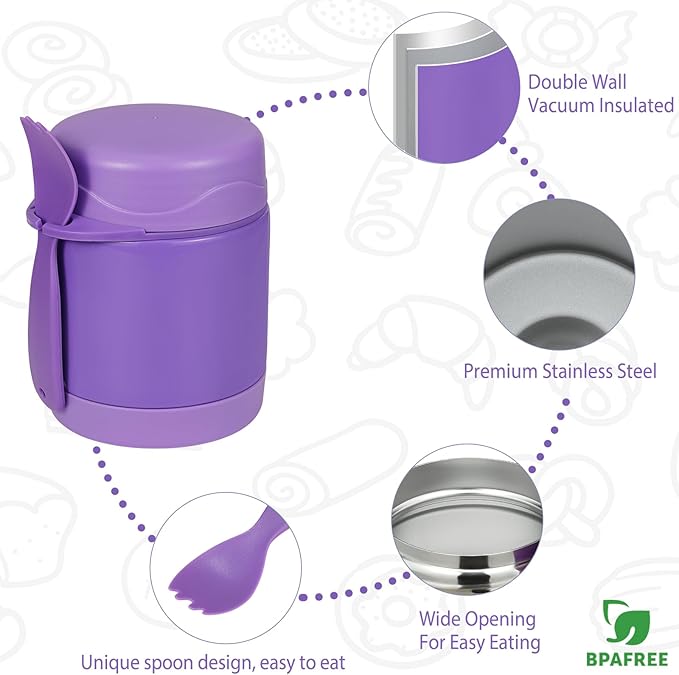 10oz Soup Thermo for Hot Food Kids, Insulated Food Jar with Spoon, Leak Proof Stainless Steel Wide Mouth Lunch Food Thermo Jar for School (Purple)